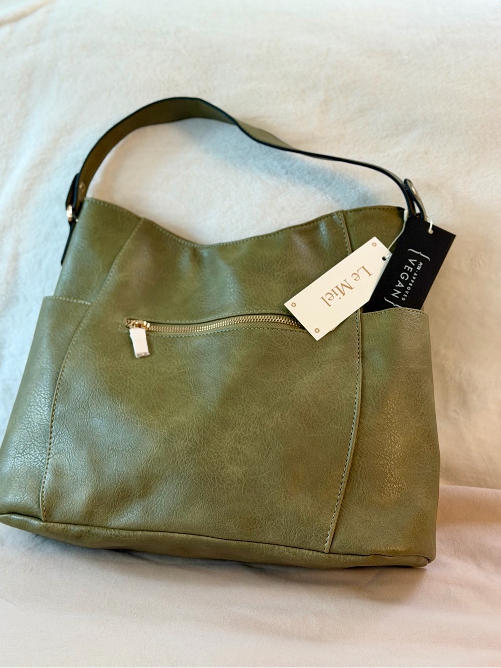 Le Mila NWT Olive Green Vegan Leather Hobo Bag with Front Zip Pocket - Picture 2 of 11